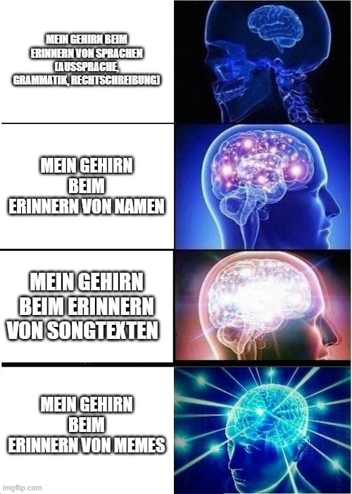 MEIN GEHIRN BEIM
ERINNERN VON SPRACHEN
CAUSSPRACHE
GRAMMATIK, RECHTSCHREIBUNGI
MEIN GEHIRN
BEIM
ERINNERN VON NAMEN
MEIN GEHIRN
BEIM ERINNERN
VON SONGTEXTEN
MEIN GEHIRN
BEIM
ERINNERN VON MEMES
