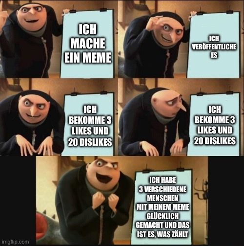 
ICH
MACHE
EIN MEME
ICH
BEKOMME 3
LIKES UND
20 DISLIKES
ICH HABE
3 VERSCHIEDENE
MENSCHEN
MIT MEINEM MEME
GLÜCKLICH
GEMACHT UND DAS
IST ES, WAS ZÄHLT
ICH
VERÖFFENTLICHE
ES
ICH
BEKOMME 3
LIKES UND
20 DISLIKES