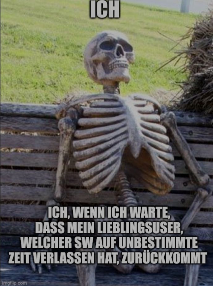 ICH
ICH. WENN ICH WARTE
DASS MEIN LIEBLINGSUSER,
WELCHER SW AUF UNBESTIMMTE
ZEIT VERLASSEN HAT, ZURÜCKKOMMT
