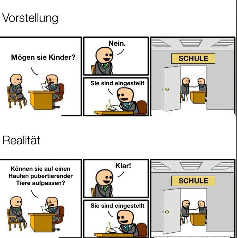 Vorstellung
Mögen sie Kinder?
Realität
Können sie auf einen
Haufen pubertierender
Tiere aufpassen?
Nein.
Sie sind eingestellt
Klar!
Sie sind eingestellt
SCHULE
SCHULE