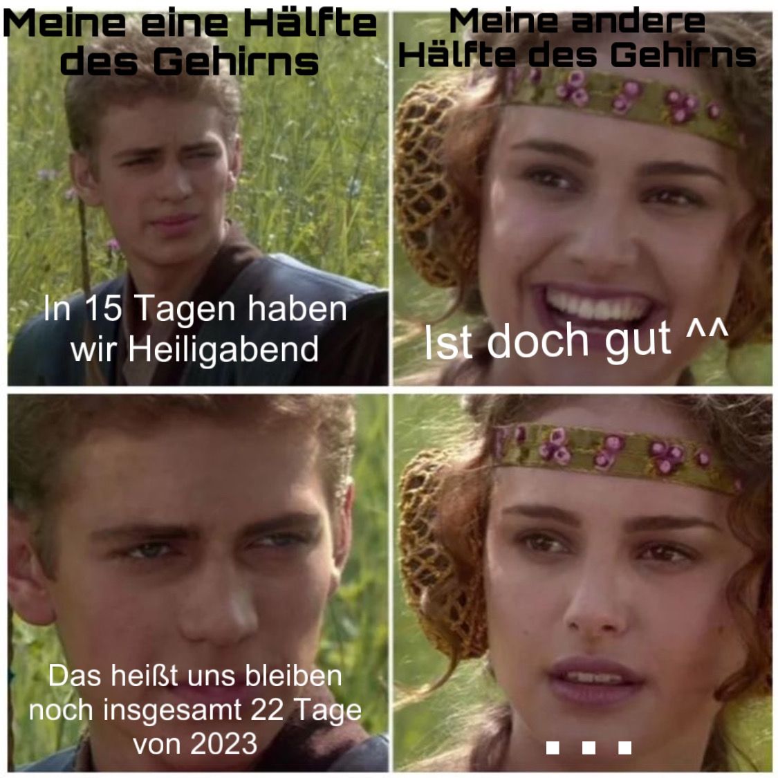 Meine eine Hälfte
des Gehirns
In 15 Tagen haben
wir Heiligabend
Das heißt uns bleiben
noch insgesamt 22 Tage
von 2023
Meine andere
Hälfte des Gehirns
88
Ist doch gut ^^