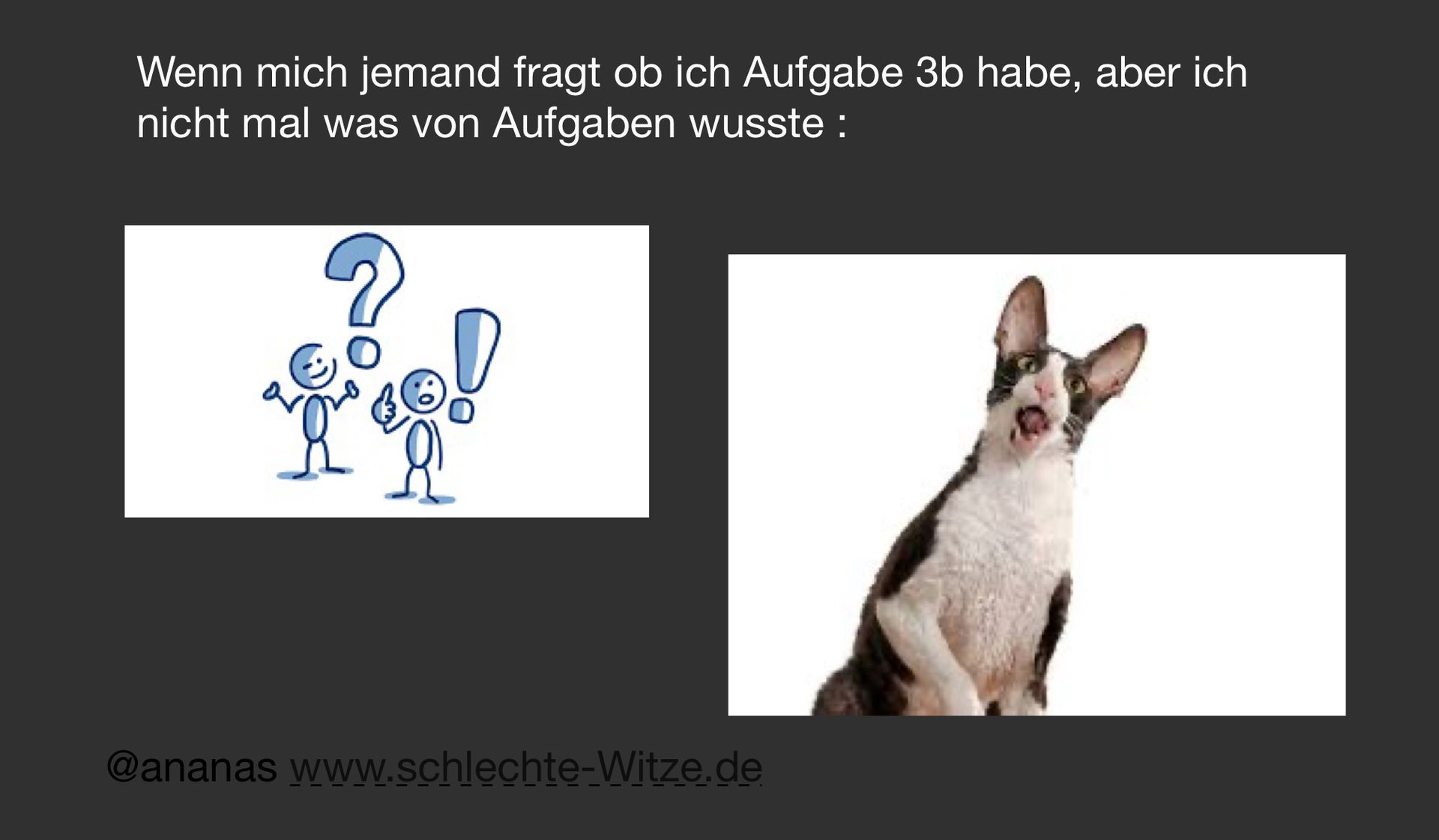 Wenn mich jemand fragt ob ich Aufgabe 3b habe, aber ich
nicht mal was von Aufgaben wusste :
@ananas www.schlechte-Witze.de