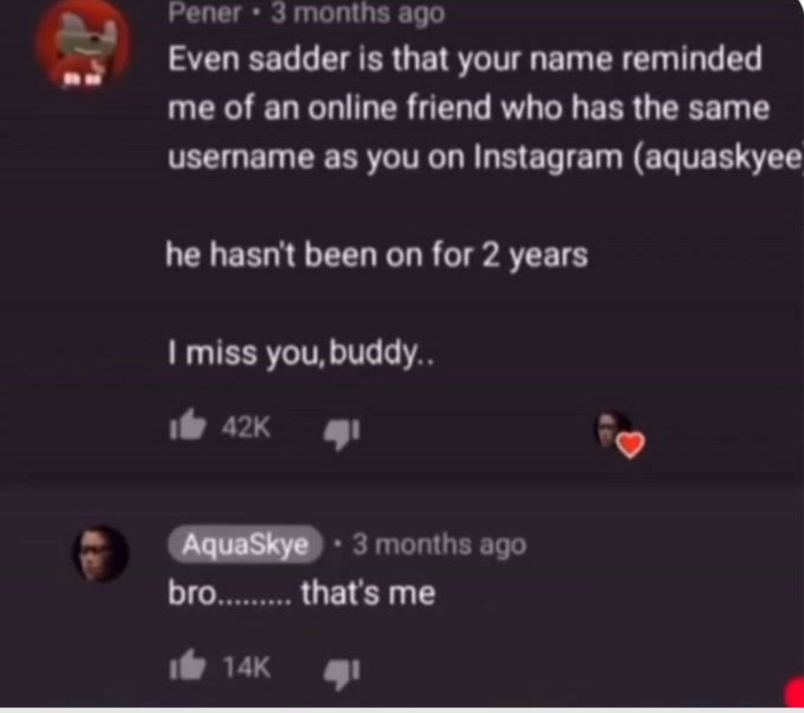 Pener 3 months ago
Even sadder is that your name reminded
me of an online friend who has the same
username as you on Instagram (aquaskyee
he hasn't been on for 2 years
I miss you, buddy..
42K41
AquaSkye - 3 months ago
bro.......... that's me
14K