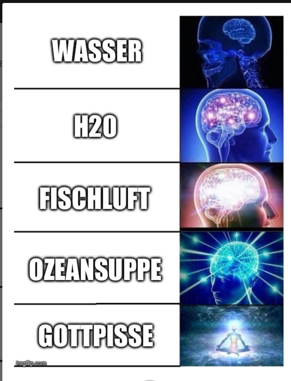 WASSER
H20
FISCHLUFT
OZEANSUPPE

GOTTPISSE