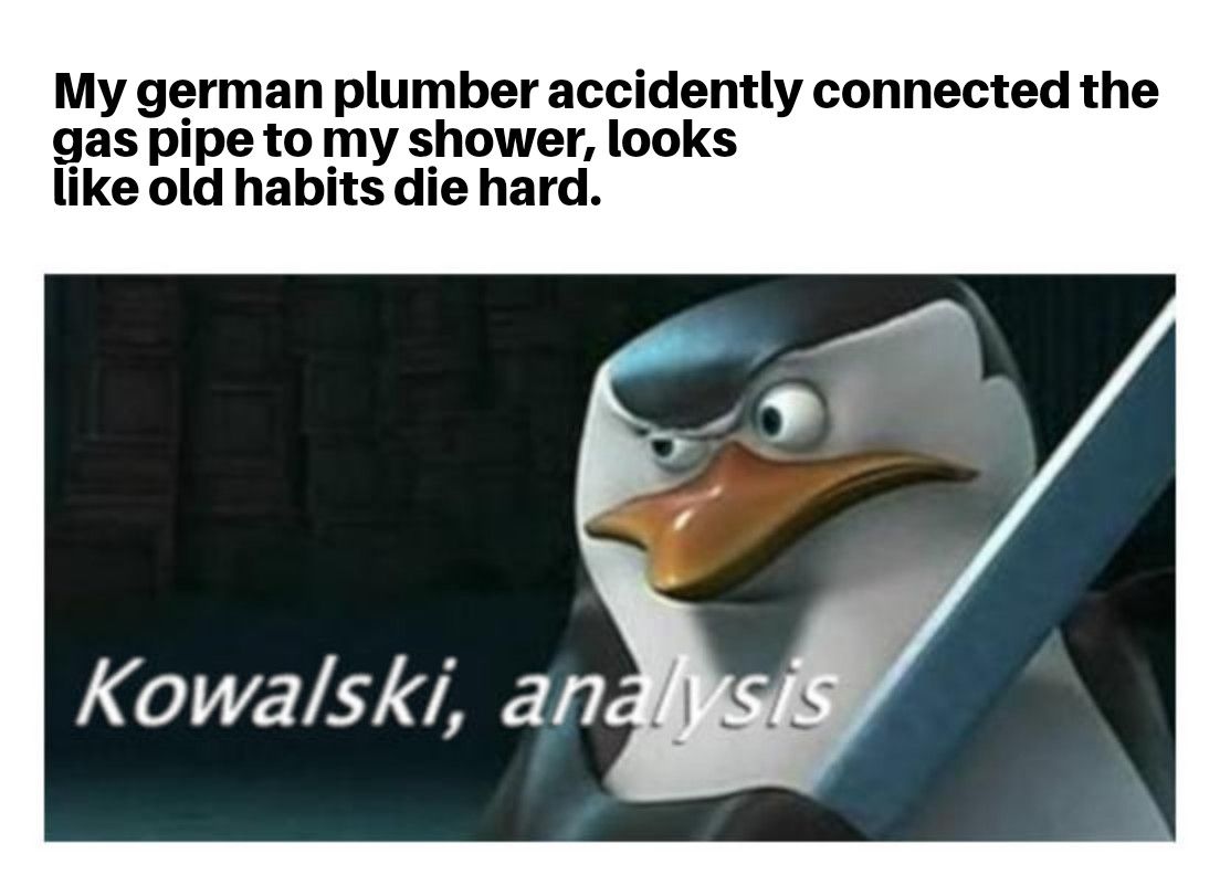 My german plumber accidently connected the
gas pipe to my shower, looks
like old habits die hard.
Kowalski, analysis