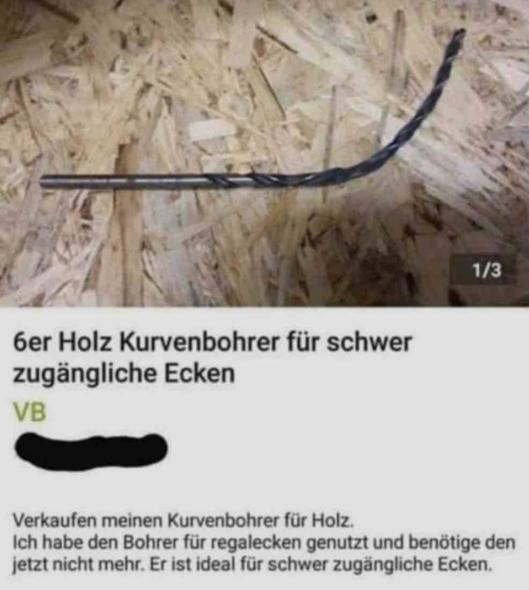 6er Holz Kurvenbohrer für schwer
zugängliche Ecken
VB
1/3
Verkaufen meinen Kurvenbohrer für Holz.
Ich habe den Bohrer für regalecken genutzt und benötige den
jetzt nicht mehr. Er ist ideal für schwer zugängliche Ecken.