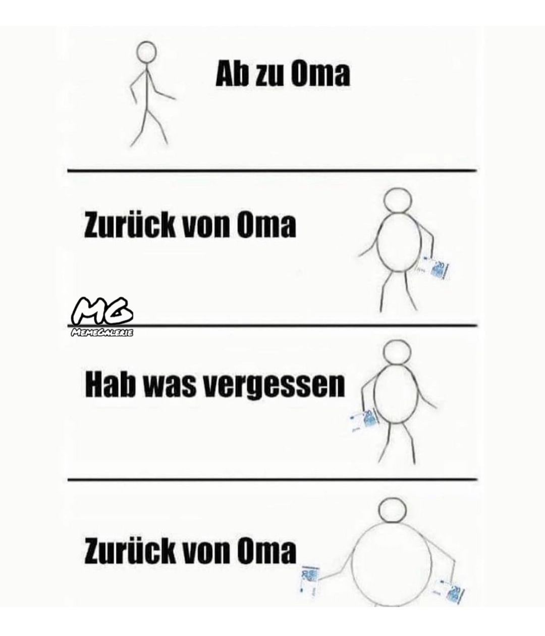 Ab zu Oma
Zurück von Oma
MB
MEMEGALERIE
Hab was vergessen
Zurück von Oma