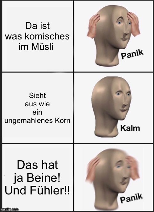 Da ist
was komisches
im Müsli
Sieht
aus wie
ein
ungemahlenes Korn
Das hat
ja Beine!
Und Fühler!!

Panik
Kalm
Panik