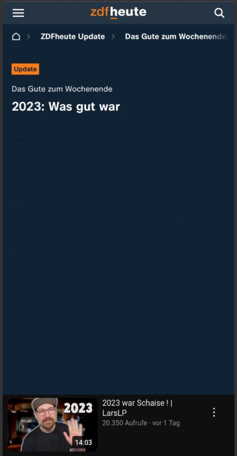 Screenshot von der ZDFheute-Webseite. Oben steht "Das Gute zum Wochenende". Darunter "2023: Was gut war". Ein Video ist eingebettet: "2023 war Schaisse!".