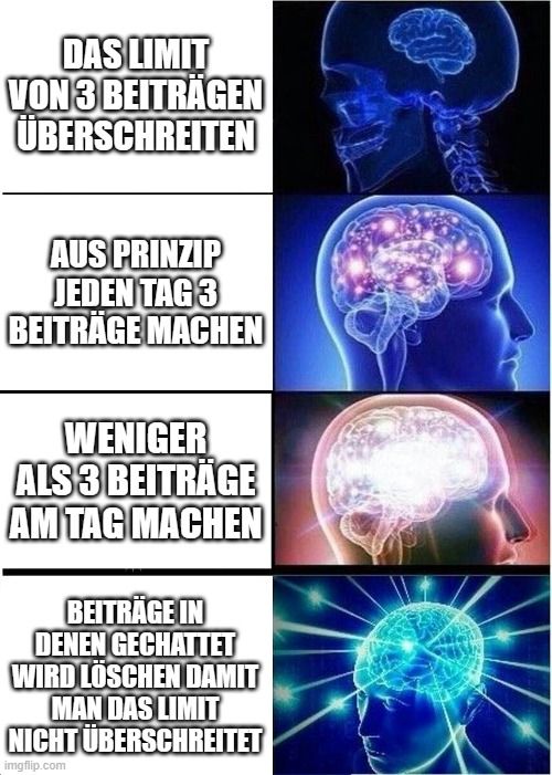 DAS LIMIT
VON 3 BEITRÄGEN
ÜBERSCHREITEN
AUS PRINZIP
JEDEN TAG 3
BEITRÄGE MACHEN
WENIGER
ALS 3 BEITRÄGE
AM TAG MACHEN
BEITRÄGE IN
DENEN GECHATTET
WIRD LÖSCHEN DAMIT
MAN DAS LIMIT
NICHT ÜBERSCHREITET
