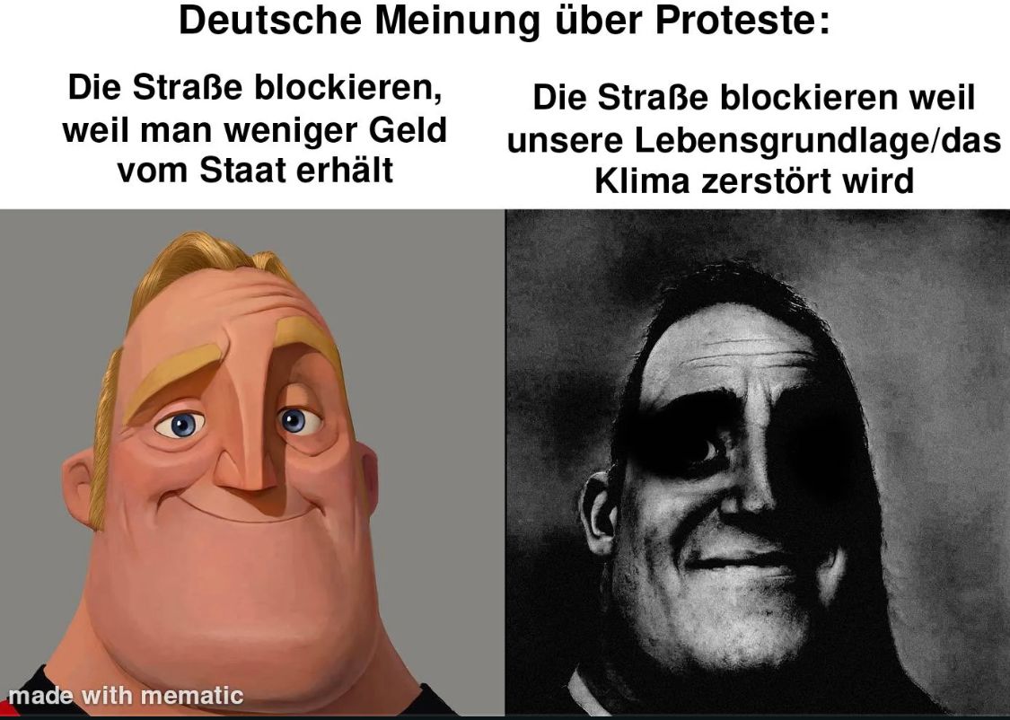 Das Bild zeigt ein Meme mit zwei Darstellungen von Mr. Incredible. Auf der linken Seite ist er lächelnd dargestellt mit dem Text: "Die Straße blockieren, weil man weniger Geld vom Staat erhält." Auf der rechten Seite ist er düster dargestellt mit dem Text: "Die Straße blockieren, weil unsere Lebensgrundlage/das Klima zerstört wird."