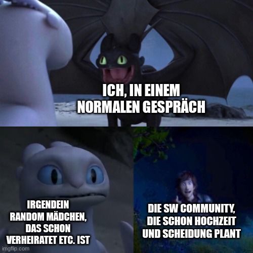 ICH, IN EINEM
NORMALEN GESPRÄCH
IRGENDEIN
RANDOM MÄDCHEN,
DAS SCHON
VERHEIRATET ETC. IST

DIE SW COMMUNITY,
DIE SCHON HOCHZEIT
UND SCHEIDUNG PLANT