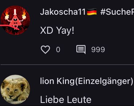 Jakoscha11 #Suche
XD Yay!
0
999
lion King (Einzelgänger)
Liebe Leute