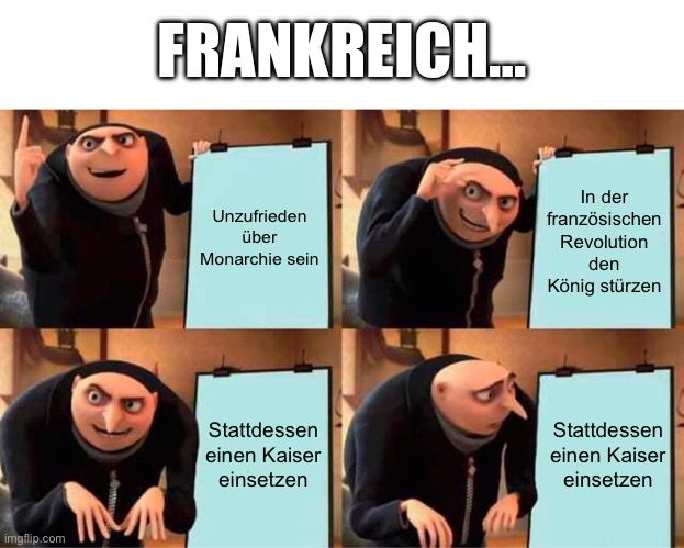 
FRANKREICH..
Unzufrieden
über
Monarchie sein
Stattdessen
einen Kaiser
einsetzen
In der
französischen
Revolution
den
König stürzen
Stattdessen
einen Kaiser
einsetzen