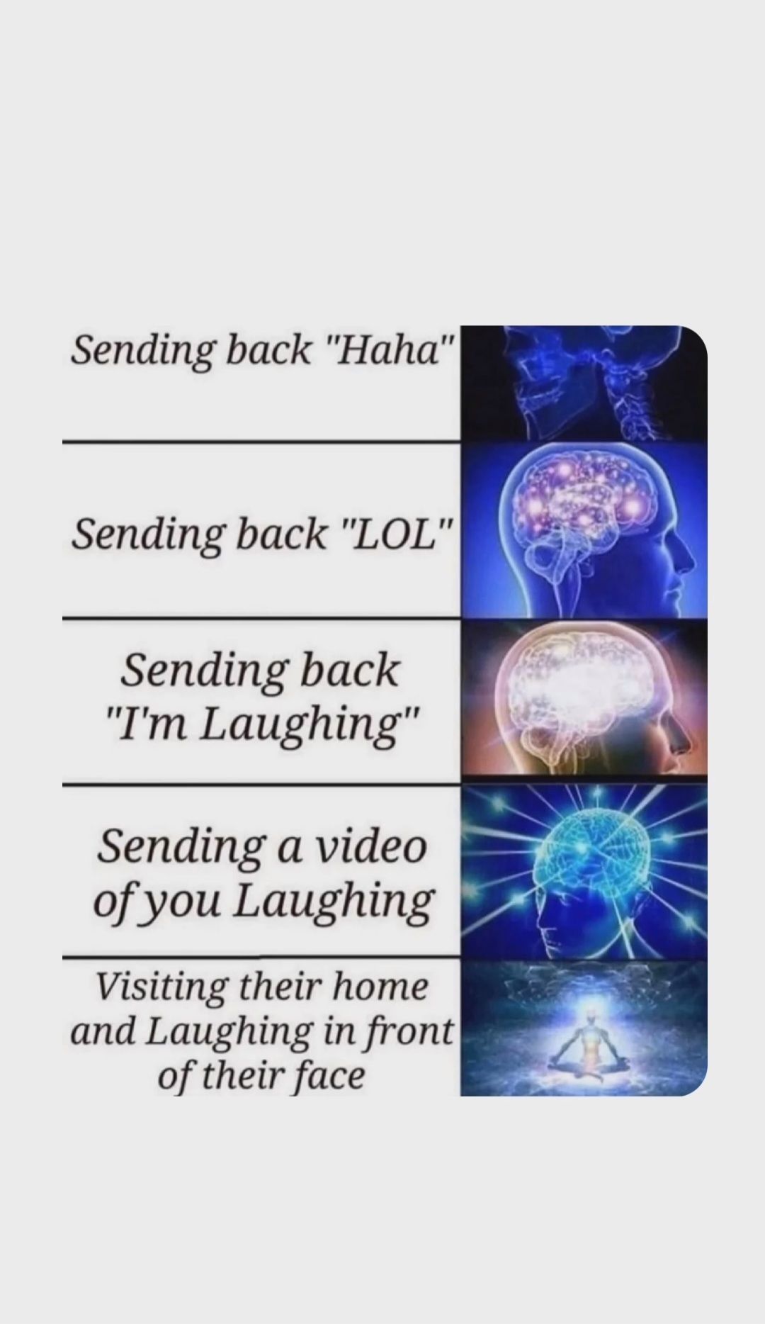 Sending back "Haha"
Sending back "LOL"
Sending back
"I'm Laughing"
Sending a video
of you Laughing
Visiting their home
and Laughing in front
of their face