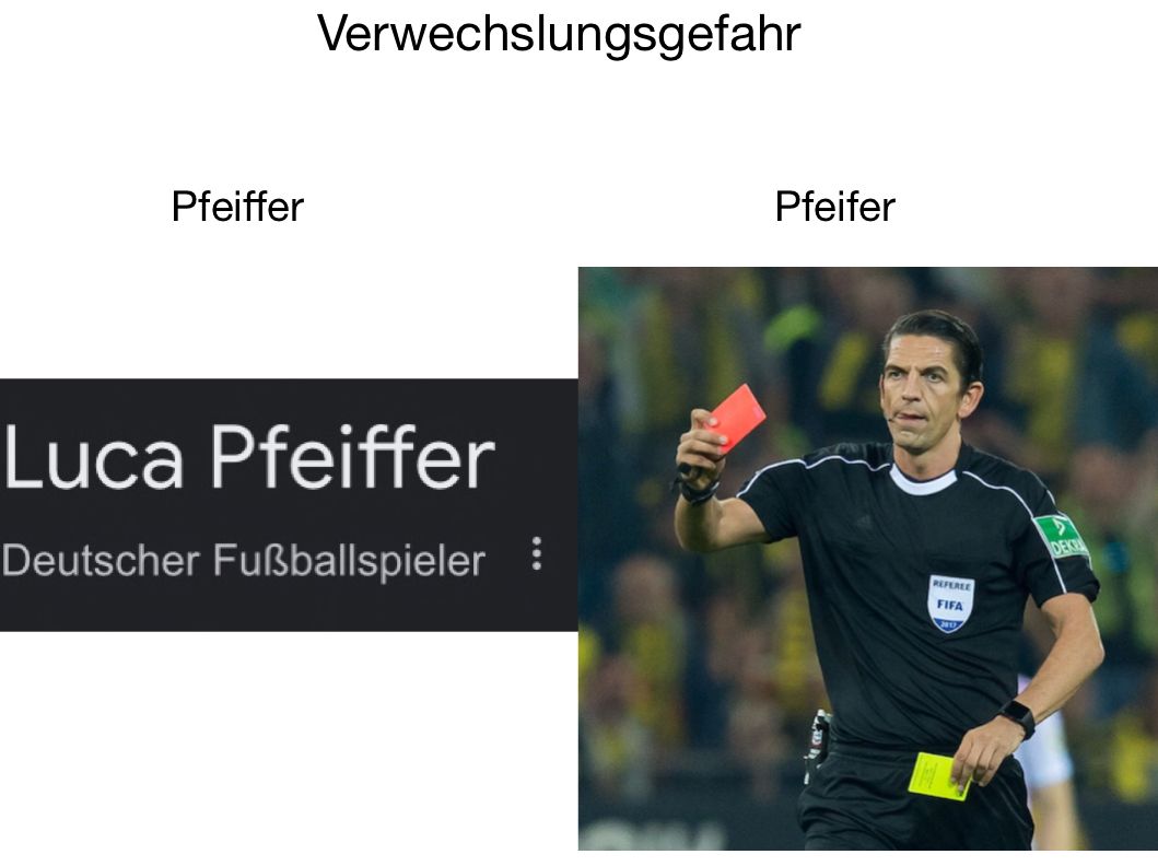 Pfeiffer
Verwechslungsgefahr
Luca Pfeiffer
Deutscher Fußballspieler:
Pfeifer
REFEREE
FIFA
NO
DEK