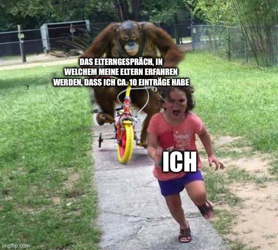 
DAS ELTERNGESPRÄCH, IN
WELCHEM MEINE ELTERN ERFAHREN
WERDEN, DASS ICH CA. 10 EINTRÄGE HABE
ICH