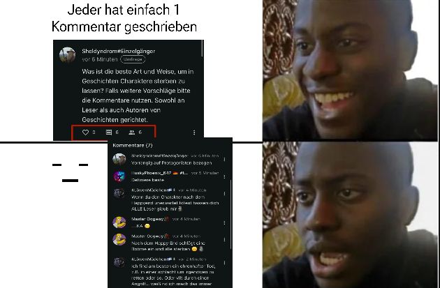 Jeder hat einfach 1
Kommentar geschrieben
Sheldyndram#Einzelgänger
vor 6 Minuten (umiris)
Was ist die beste Art und Weise, um in
Geschichten Charaktere sterben zu
lassen? Falls weitere Vorschläge bitte
die Kommentare nutzen. Sowohl an
Leser als auch Autoren von
Geschichten gerichtet.
66
Kommentare (7)
♡
helyeinzeigenen
Vorrangig auf Protagoniston bezogen
uskyPhoenx 8-17... yor Vul
Caner baste
Lowenbehen
McA
Wenn du den Orakter nach dem
appyend unerwariat fetal hand
ALLE Loser glaub mir
Master Degmayyor 4 Minuten
KA
Master Oogmayor 4 Minuten
Nach dem Happy Beschlägt cinc
Intime an und alles
AbwenMiehen
ohin
ch find am besten ein chrenhefte Toc,
2.scht um rgendwann
retten oder so. Od vil du cin
Angnlt... wwind ich mach do mme
MOR