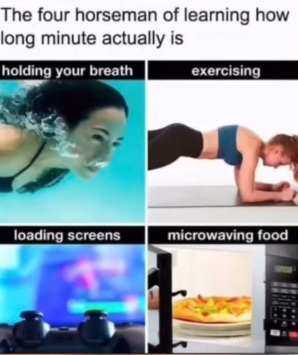 The four horseman of learning how
long minute actually is
holding your breath
loading screens
exercising
microwaving food