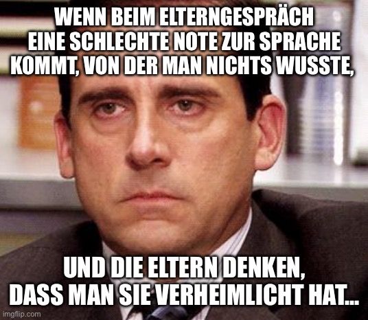 WENN BEIM ELTERNGESPRÄCH
EINE SCHLECHTE NOTE ZUR SPRACHE
KOMMT, VON DER MAN NICHTS WUSSTE,
UND DIE ELTERN DENKEN,
DASS MAN SIE VERHEIMLICHT HAT...
