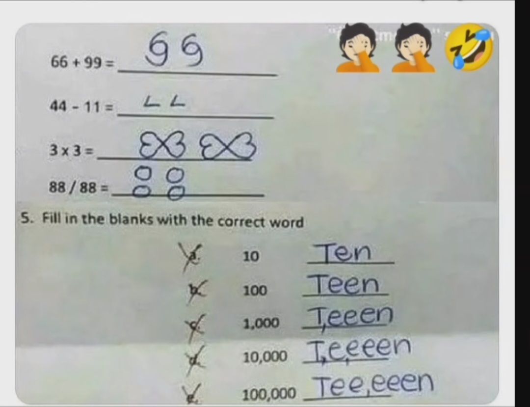 66 +99=
44-11 =
69
3x3 =
LL
XX
8
88/88=
5. Fill in the blanks with the correct word
10
Ten
Teen
Teeen
10,000 Teeeen
100,000 Tee,eeen
m
100
( 1,000