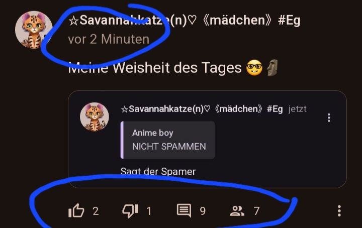 ☆Savannahkatz ¹(n)♡ «mädchen>> #Eg
vor 2 Minuten
Meine Weisheit des Tages
IB 2
☆Savannahkatze(n)♡ (mädchen) #Eg jetzt
Anime boy
NICHT SPAMMEN
Saat der Spamer
1⁹
27
...