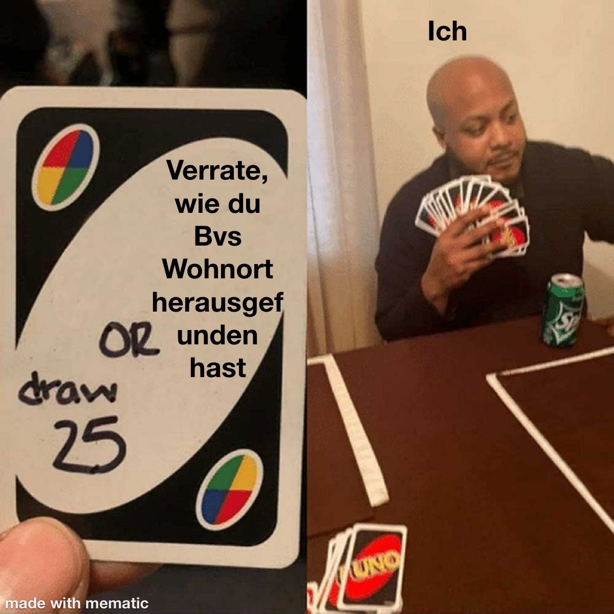 0
Bvs
Wohnort
herausgef
OR unden
hast
draw
25
Verrate,
wie du
made with mematic
UNO
Ich