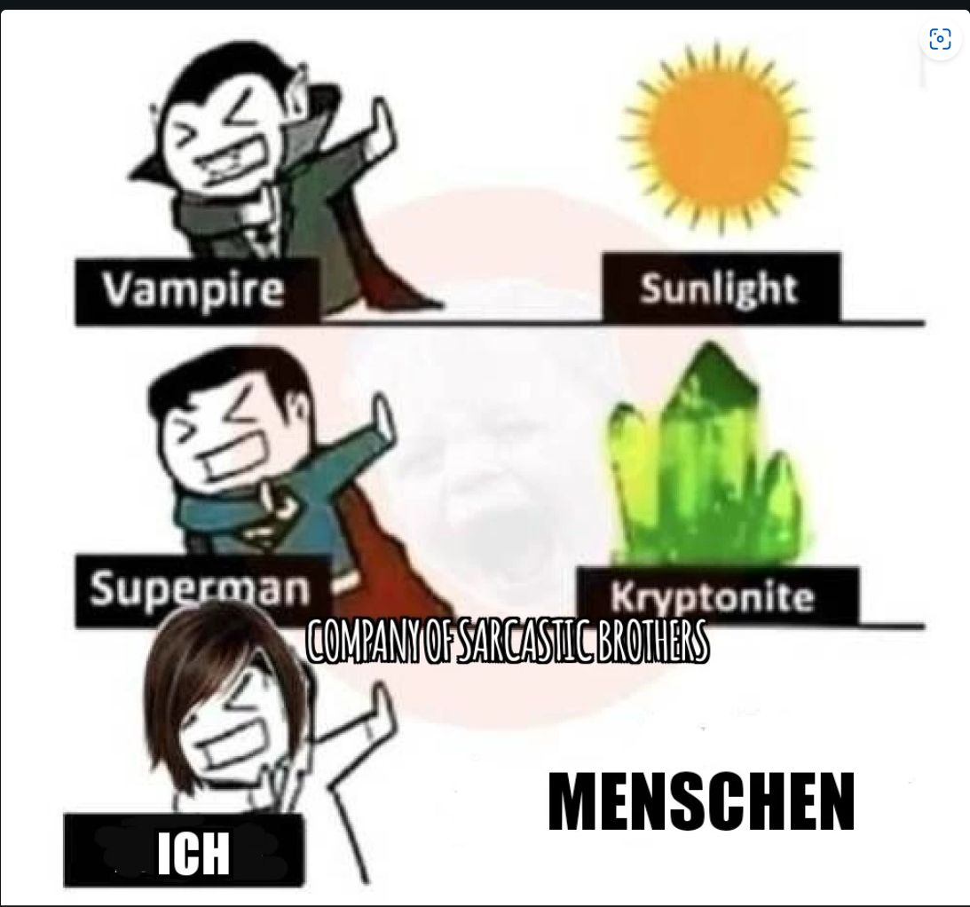 Vampire
Superman
ICH
Sunlight
Kryptonite
COMPANY OF SARCASTIC BROTHERS
MENSCHEN