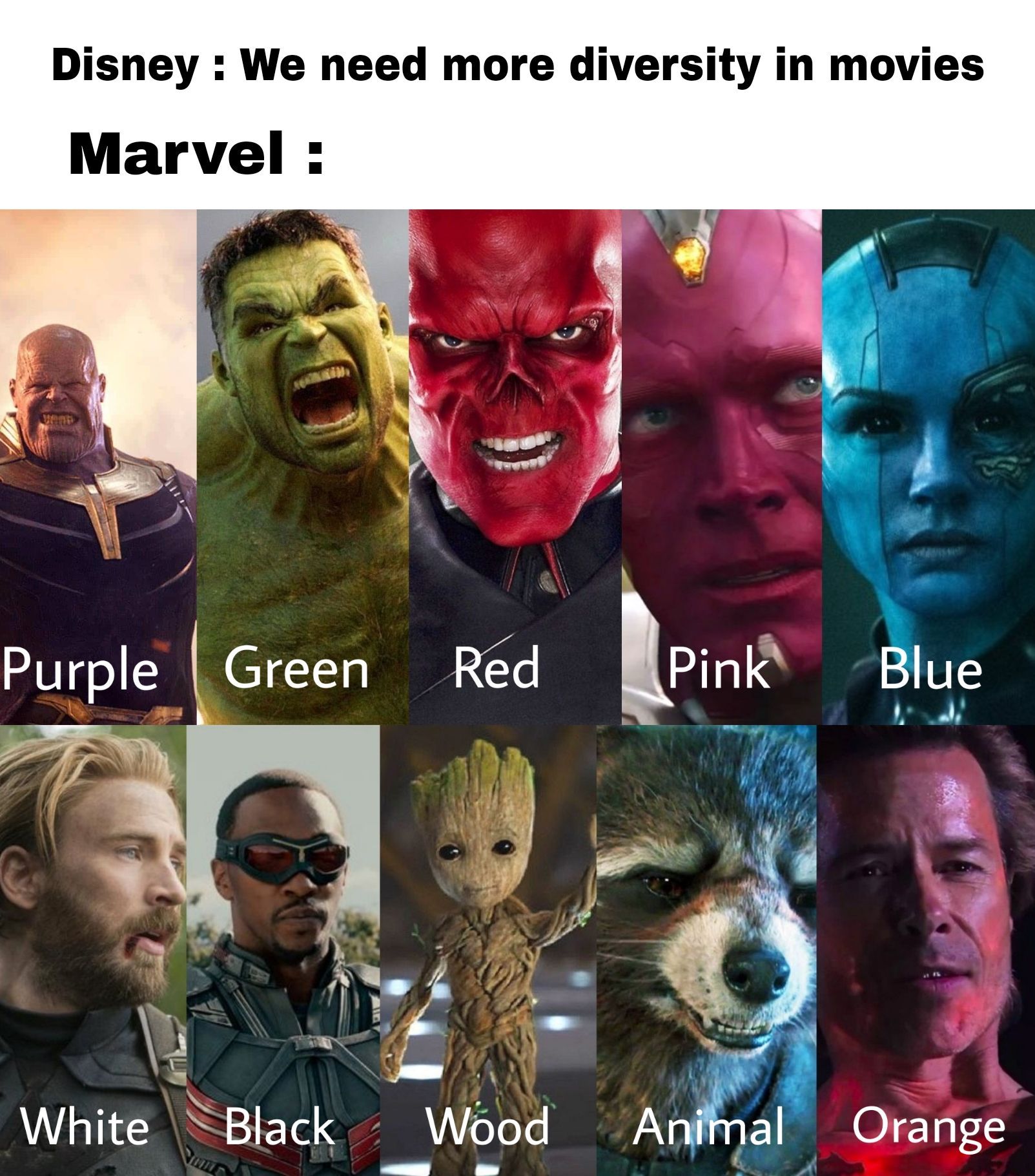 Disney : We need more diversity in movies
Marvel:
Purple Green Red Pink Blue
White Black Wood Animal Orange