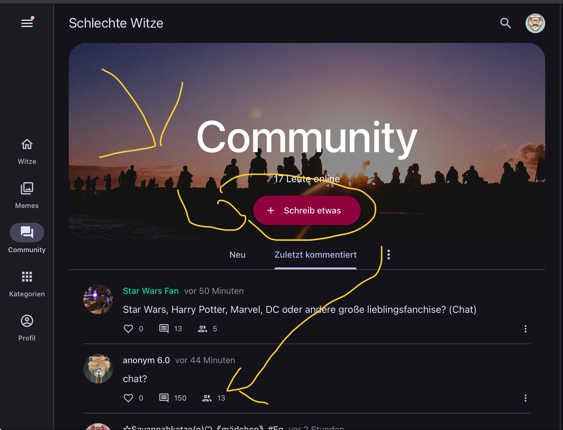 III.
=
A
Witze
Memes
Community
Kategorien
Profil
Schlechte Witze
PE
0
13
Community
150
95
01
Neu
Star Wars Fan vor 50 Minuten
Star Wars, Harry Potter, Marvel, DC oder andere große lieblingsfanchise? (Chat)
anonym 6.0 vor 44 Minuten
chat?
13
17 Leute online
+ Schreib etwas
Zuletzt kommentiert
:
Savannahkatro/n/m #mädchon #Ea vor 2 Stundon
...
Co