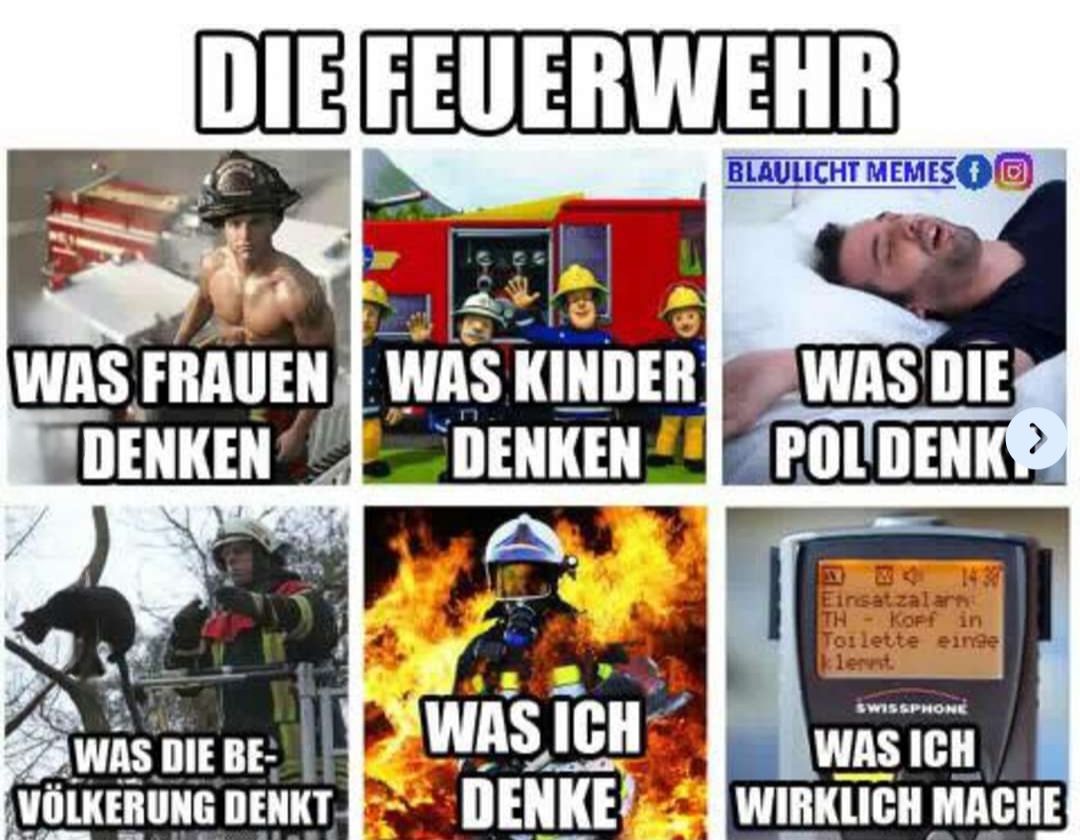 Das Bild zeigt einen sechsgeteilten Comic. Oben steht "DIE FEUERWEHR". Darunter sind in der ersten Reihe von links nach rechts: Ein muskulöser Feuerwehrmann ohne Hemd, der an einem Feuerwehrauto steht. Darunter steht "WAS FRAUEN DENKEN". Dann ein Bild von Comic-Feuerwehrmännern vor einem Feuerwehrauto, mit dem Text "WAS KINDER DENKEN" darunter. Als drittes ein schlafender Mann im Bett mit "WAS DIE POL DENKEN" darunter. Die zweite Reihe zeigt von links nach rechts: Ein Feuerwehrmann, der eine Katze von einem Baum rettet, mit der Beschriftung "WAS DIE BEVÖLKERUNG DENKT". Daneben ein Feuerwehrmann, der inmitten von Flammen steht mit der Überschrift "WAS ICH DENKE". Und zu guter Letzt ein Display mit der Meldung "Einsatzalarm. TH Kopf in Toilette eingeklemmt." und dem Text "WAS ICH WIRKLICH MACHE".