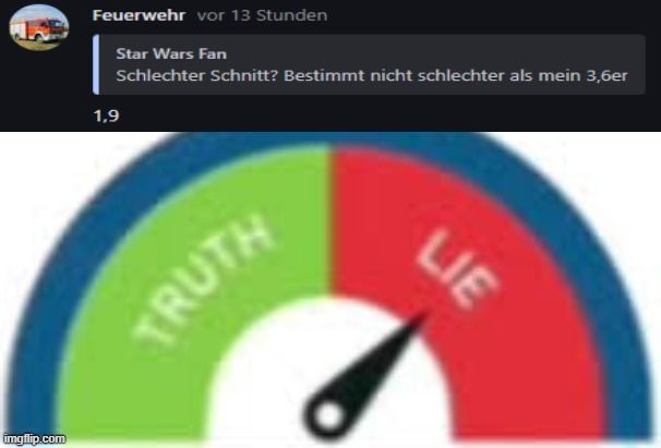 
Feuerwehr vor 13 Stunden
Star Wars Fan
Schlechter Schnitt? Bestimmt nicht schlechter als mein 3,6er
1,9
TRUTH
LIE