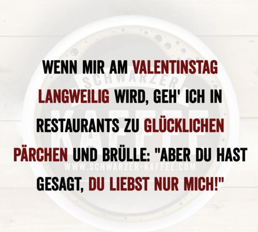 WENN MIR AM VALENTINSTAG
SCHWARZER
LANGWEILIG WIRD, GEH' ICH IN
RESTAURANTS ZU GLÜCKLICHEN
PÄRCHEN UND BRÜLLE: "ABER DU HAST
WWW.SCHWARZER-KAFFEE.COM
GESAGT, DU LIEBST NUR MICH!"