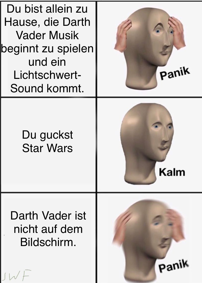 Du bist allein zu
Hause, die Darth
Vader Musik
beginnt zu spielen
und ein
Lichtschwert-
Sound kommt.
Du guckst
Star Wars
Darth Vader ist
nicht auf dem
Bildschirm.
JWF
Panik
Kalm
Panik