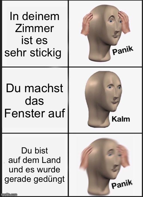 In deinem
Zimmer
ist es
sehr stickig
Du machst
das
Fenster auf
Du bist
auf dem Land
und es wurde
gerade gedüngt

Panik
Kalm
Panik