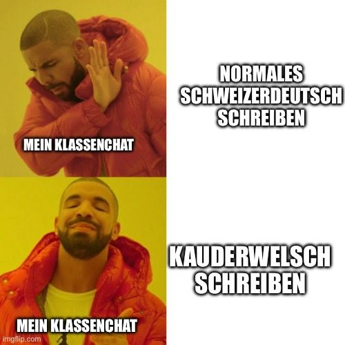 MEIN KLASSENCHAT
MEIN KLASSENCHAT

NORMALES
SCHWEIZERDEUTSCH
SCHREIBEN
KAUDERWELSCH
SCHREIBEN