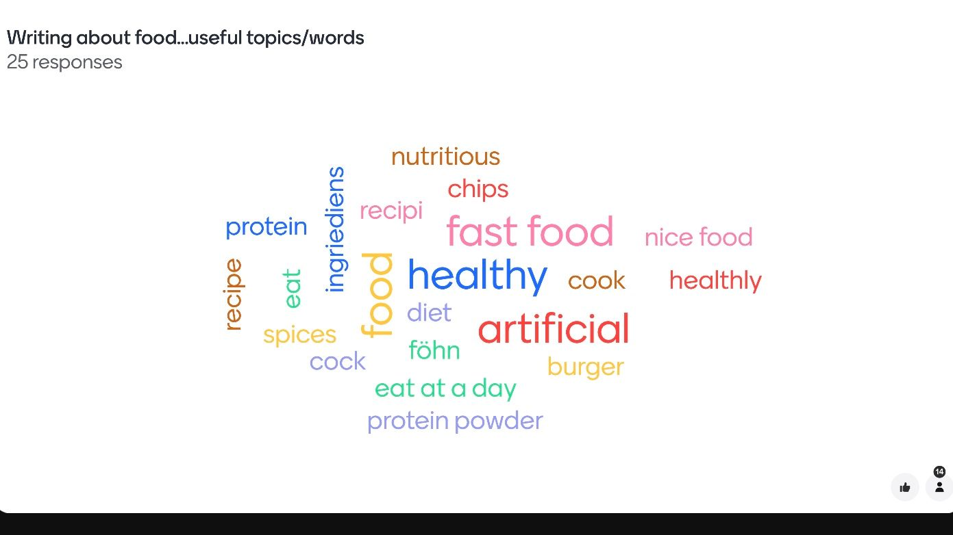 Writing about food...useful topics/words
25 responses
protein
recipe
eat
ingriediens
spices
recipi
po
nutritious
chips
fast food nice food
healthly
cock
healthy cook
diet
föhn
artificial
burger
eat at a day
protein powder
14