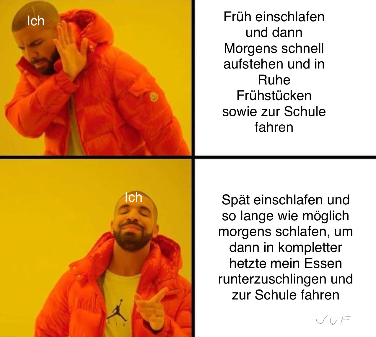 Ich
Ich
Früh einschlafen
und dann
Morgens schnell
aufstehen und in
Ruhe
Frühstücken
sowie zur Schule
fahren
Spät einschlafen und
so lange wie möglich
morgens schlafen, um
dann in kompletter
hetzte mein Essen
runterzuschlingen und
zur Schule fahren
SWF