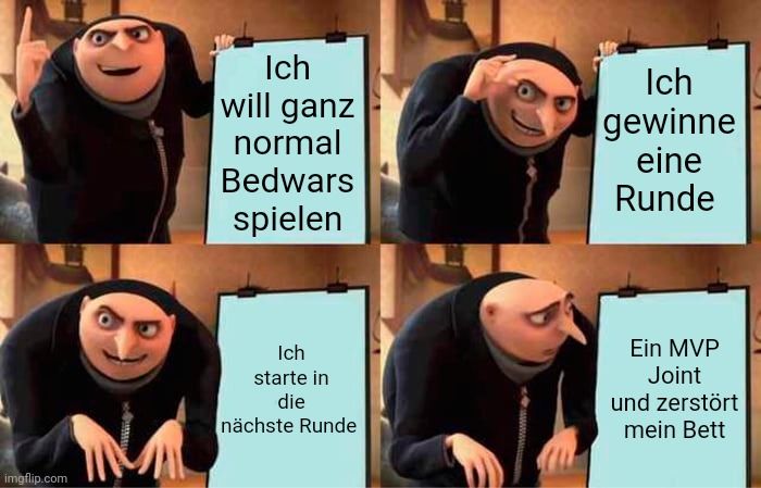 Ich
will ganz
normal
Bedwars
spielen
Ich
gewinne
eine
Runde

M
Ich
starte in
die
nächste Runde
Ein MVP
Joint
und zerstört
mein Bett