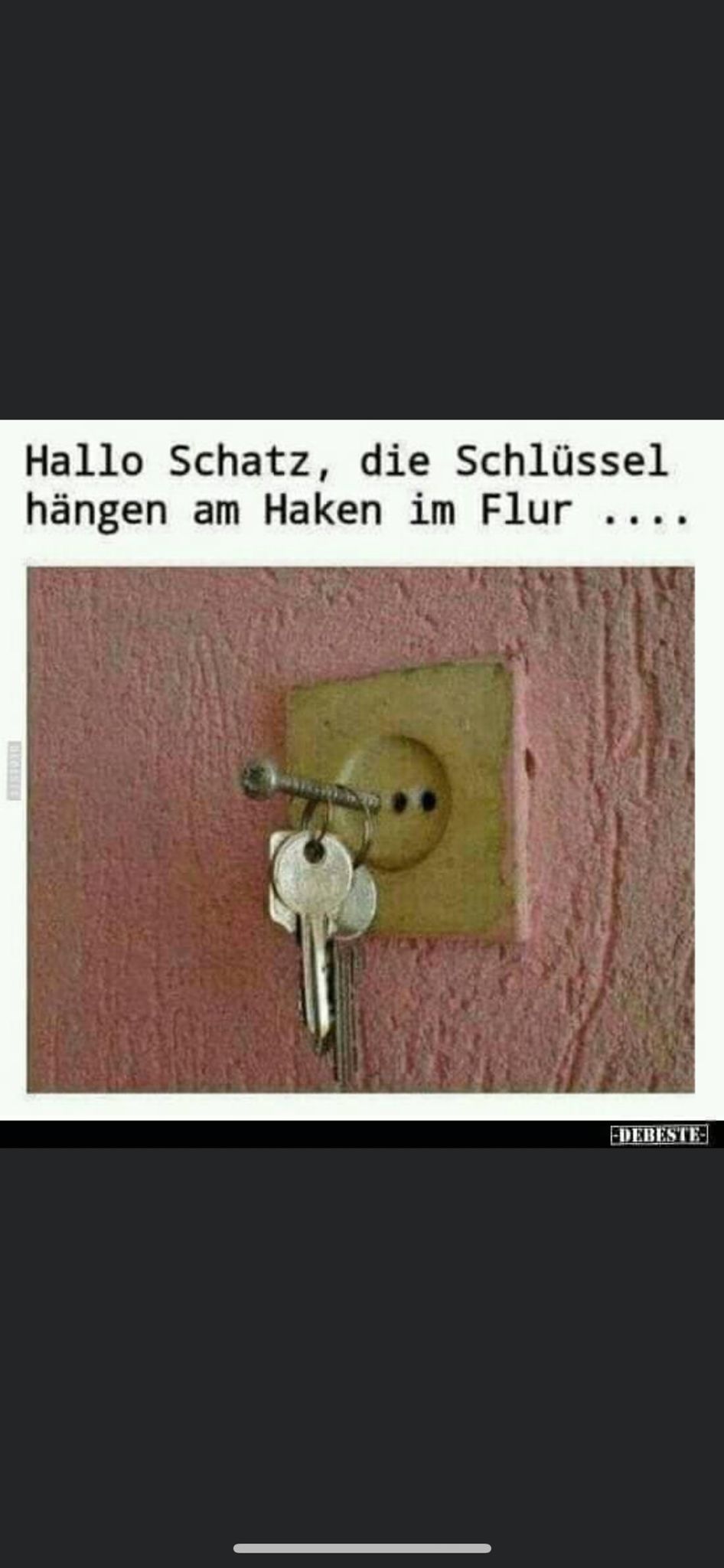 Hallo Schatz, die Schlüssel
hängen am Haken im Flur ....
ORGENTE
DEBESTE