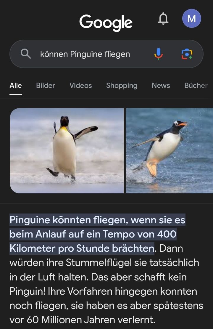 Google
D M
können Pinguine fliegen ↓
Q
Alle Bilder Videos Shopping
News
Bücher
Pinguine könnten fliegen, wenn sie es
beim Anlauf auf ein Tempo von 400
Kilometer pro Stunde brächten. Dann
würden ihre Stummelflügel sie tatsächlich
in der Luft halten. Das aber schafft kein
Pinguin! Ihre Vorfahren hingegen konnten
noch fliegen, sie haben es aber spätestens
vor 60 Millionen Jahren verlernt.