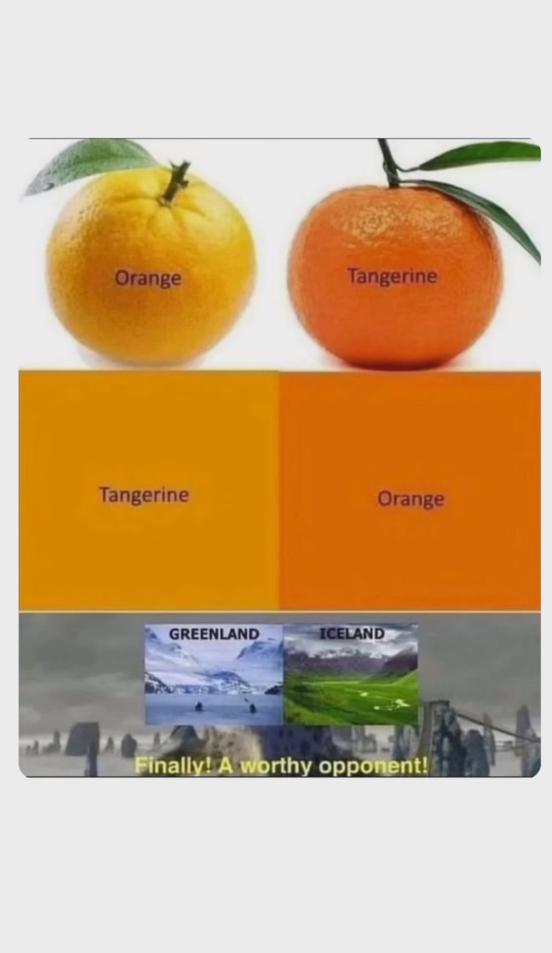 Orange
Tangerine
Tangerine
Orange
GREENLAND
ICELAND
Finally! A worthy opponent!