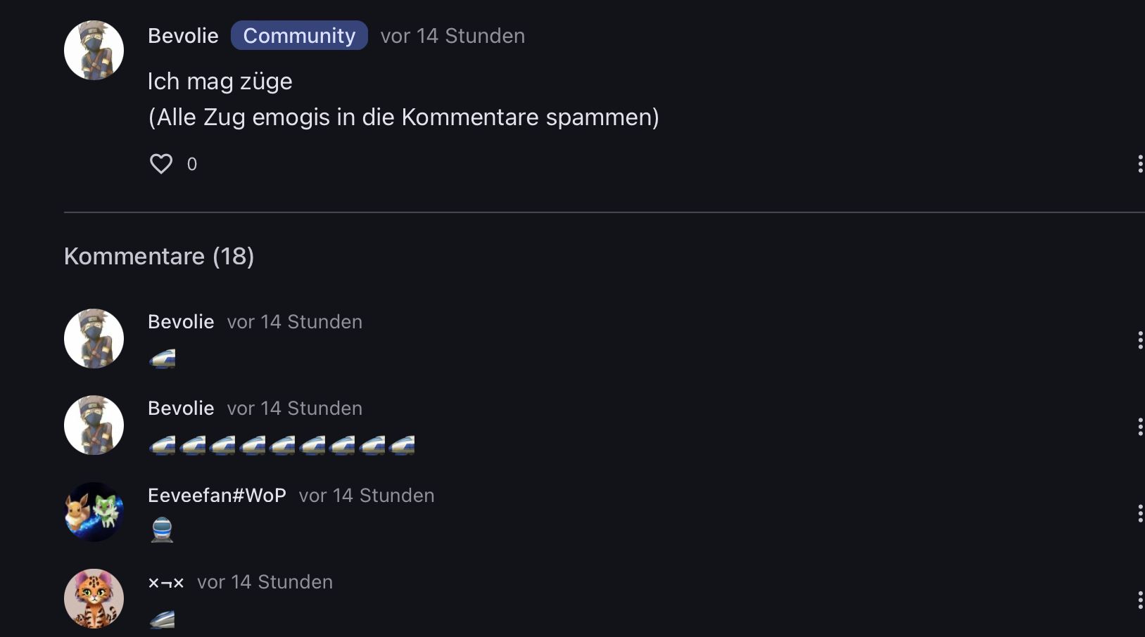 Bevolie Community vor 14 Stunden
Ich mag züge
(Alle Zug emogis in die Kommentare spammen)
Kommentare (18)
Bevolie vor 14 Stunden
Bevolie vor 14 Stunden
Eeveefan#WoP vor 14 Stunden
xx vor 14 Stunden