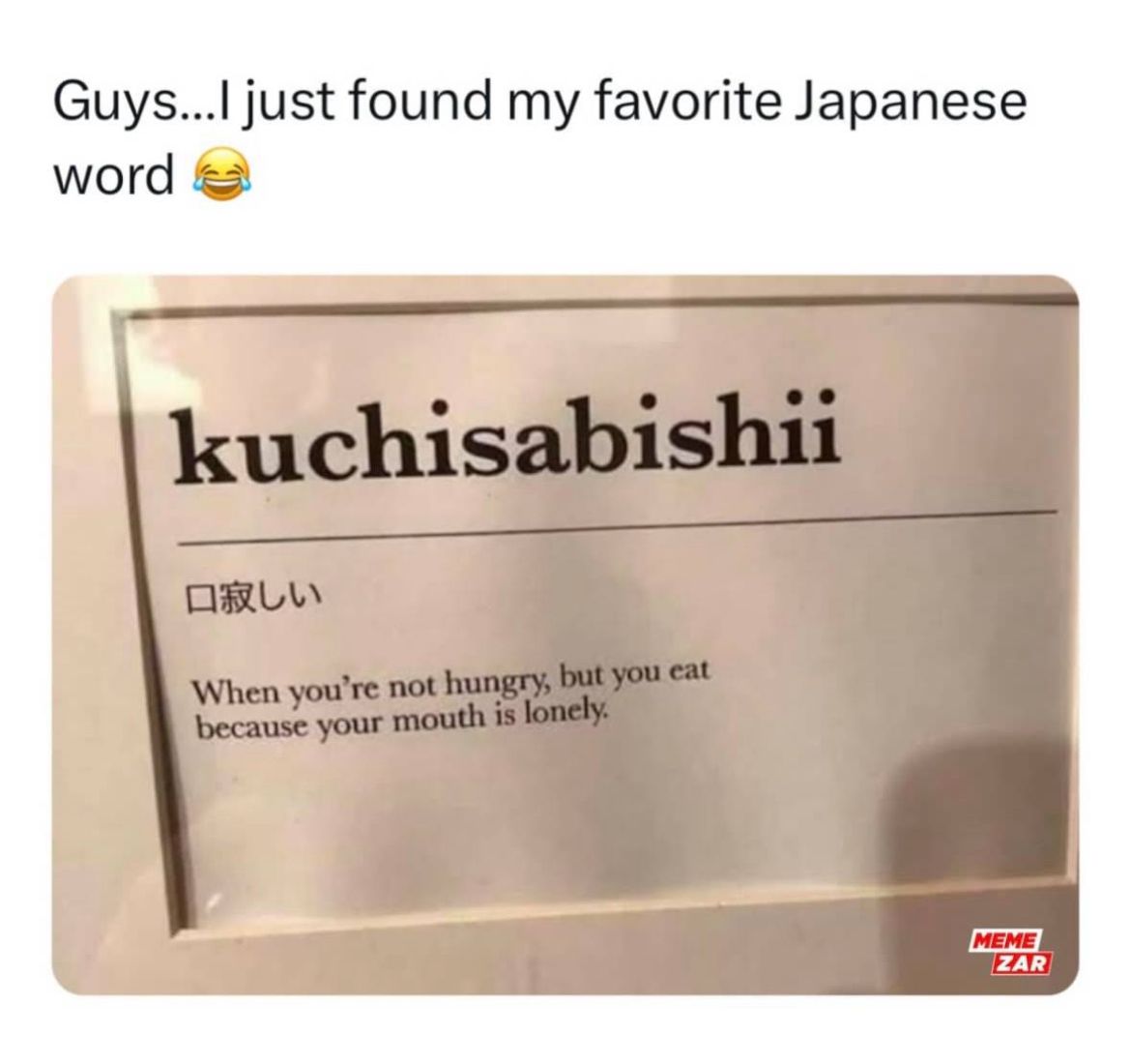 Guys...I just found my favorite Japanese
word
kuchisabishii
口寂しい
When you're not hungry, but you eat
because your mouth is lonely.
MEME
ZAR