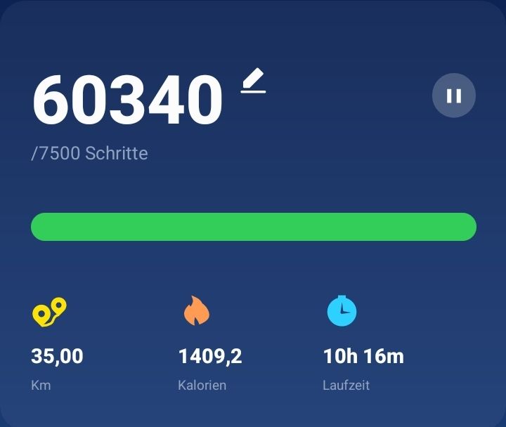 60340 -
/7500 Schritte
09
35,00
Km
Kalorien
1409,2
10h 16m
Laufzeit