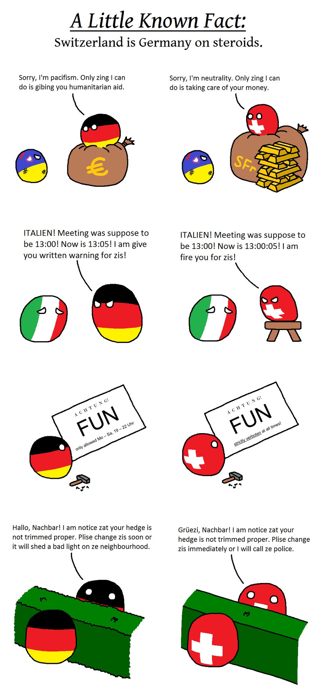 A Little Known Fact:
Switzerland is Germany on steroids.
Sorry, I'm pacifism. Only zing I can
do is gibing you humanitarian aid.
Sorry, I'm neutrality. Only zing I can
do is taking care of your money.
€
SF
ITALIEN! Meeting was suppose to
be 13:00! Now is 13:05! I am give
you written warning for zis!
ITALIEN! Meeting was suppose to
be 13:00! Now is 13:00:05! I am
fire you for zis!
ACHTUNG!
FUN
only allowed Mo Sa, 19-22 Uhr
ACHTUNG!
FUN
strictly verboten at all times!
Hallo, Nachbar! I am notice zat your hedge is
not trimmed proper. Plise change zis soon or
it will shed a bad light on ze neighbourhood.
Grüezi, Nachbar! I am notice zat your
hedge is not trimmed proper. Plise change
zis immediately or I will call ze police.