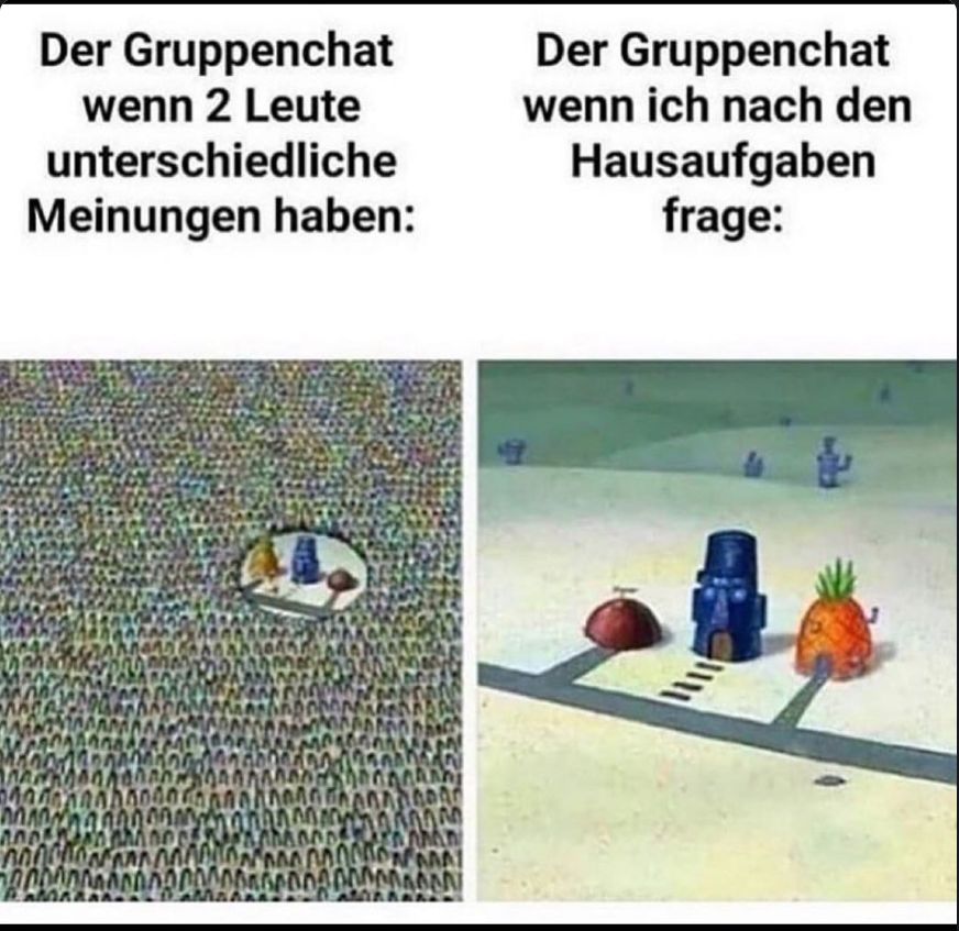 Der Gruppenchat
wenn 2 Leute
unterschiedliche
Meinungen haben:
Der Gruppenchat
wenn ich nach den
Hausaufgaben
frage:
M
AMGOODS
t