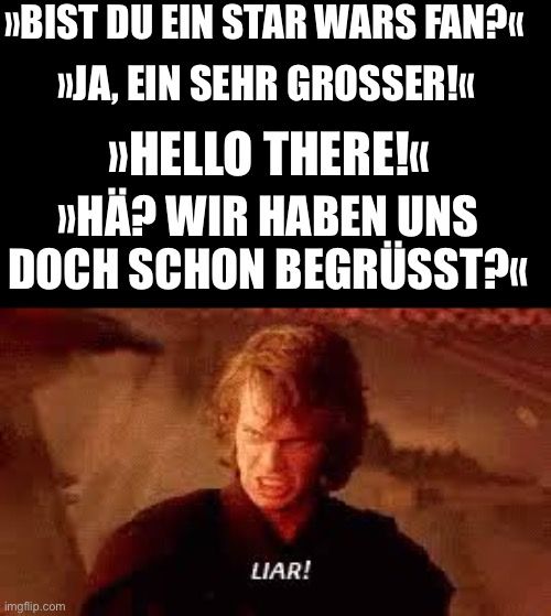 >>BIST DU EIN STAR WARS FAN?"
>>JA, EIN SEHR GROSSER!<<
>>HELLO THERE!<<
>>HÄ? WIR HABEN UNS
DOCH SCHON BEGRÜSST?<<

LIAR!