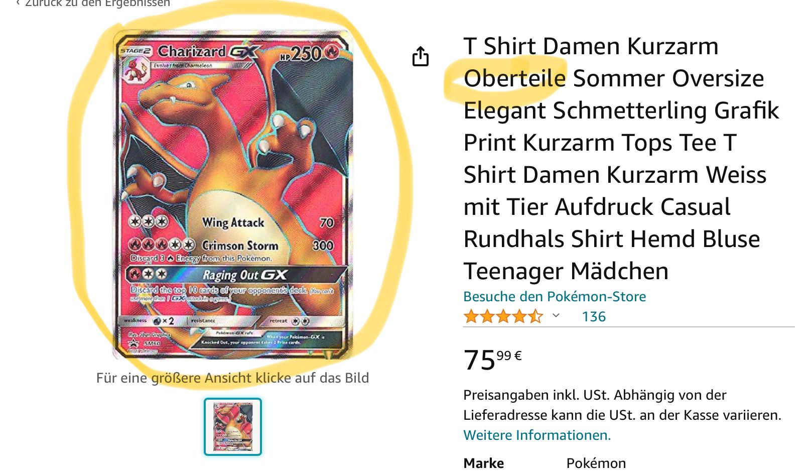 Zurück zu den Ergebnissen
STAGE2 Charizard X 250
Evolves from Charmeleon
HP
Wing Attack
70
Crimson Storm
300
Discard 3 Energy from this Pokemon.
Raging Out GX
Discard the top 10 cards of your opponent's deck. You can't
use more than GX attack in a game
←
T Shirt Damen Kurzarm
Oberteile Sommer Oversize
Elegant Schmetterling Grafik
Print Kurzarm Tops Tee T
Shirt Damen Kurzarm Weiss
mit Tier Aufdruck Casual
Rundhals Shirt Hemd Bluse
Teenager Mädchen
Besuche den Pokémon-Store
weakness
×2
resistance
Hva abon Groplice
Pokémon-GX rufe
retreat
When your Palceman-GX is
136
SMGO
COTROCE
Knocked Out, your opponent takes 2 Prize cards.
Für eine größere Ansicht klicke auf das Bild
7599 €
Preisangaben inkl. USt. Abhängig von der
Lieferadresse kann die USt. an der Kasse variieren.
Weitere Informationen.
Marke
Pokémon