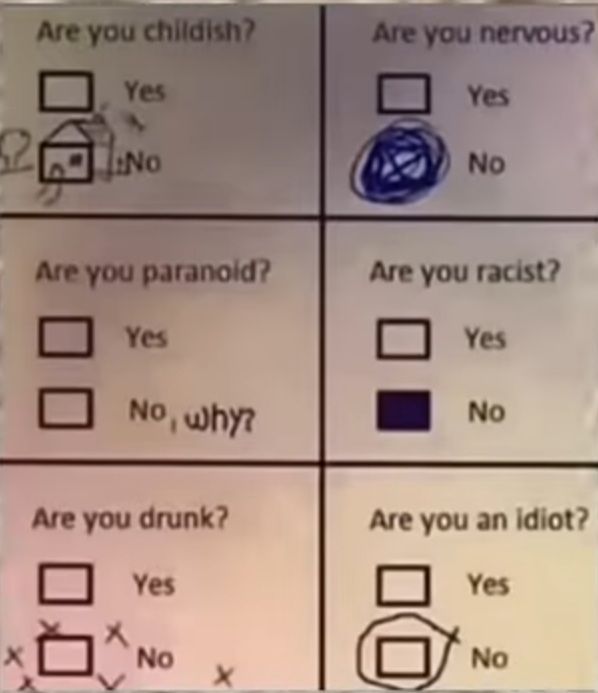 Are you childish?
Are you nervous?
Yes
No
Yes
No
Are you paranoid?
Are you racist?
Yes
Yes
No, why?
No
Are you drunk?
Are you an idiot?
Yes
Yes
No
No
X